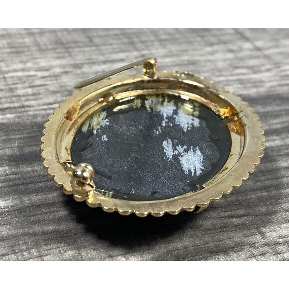 Vintage Oval Black Snowflake Obsidian Cabochon Gold Tone Brooch Pin - Picture 10 of 10
